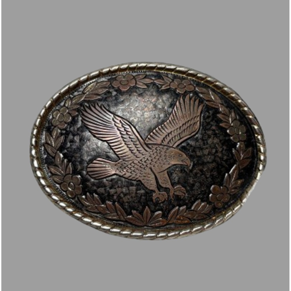 Vintage Copper Silver Plated Eagle Floral Western Belt Buckle Women's USA Made
